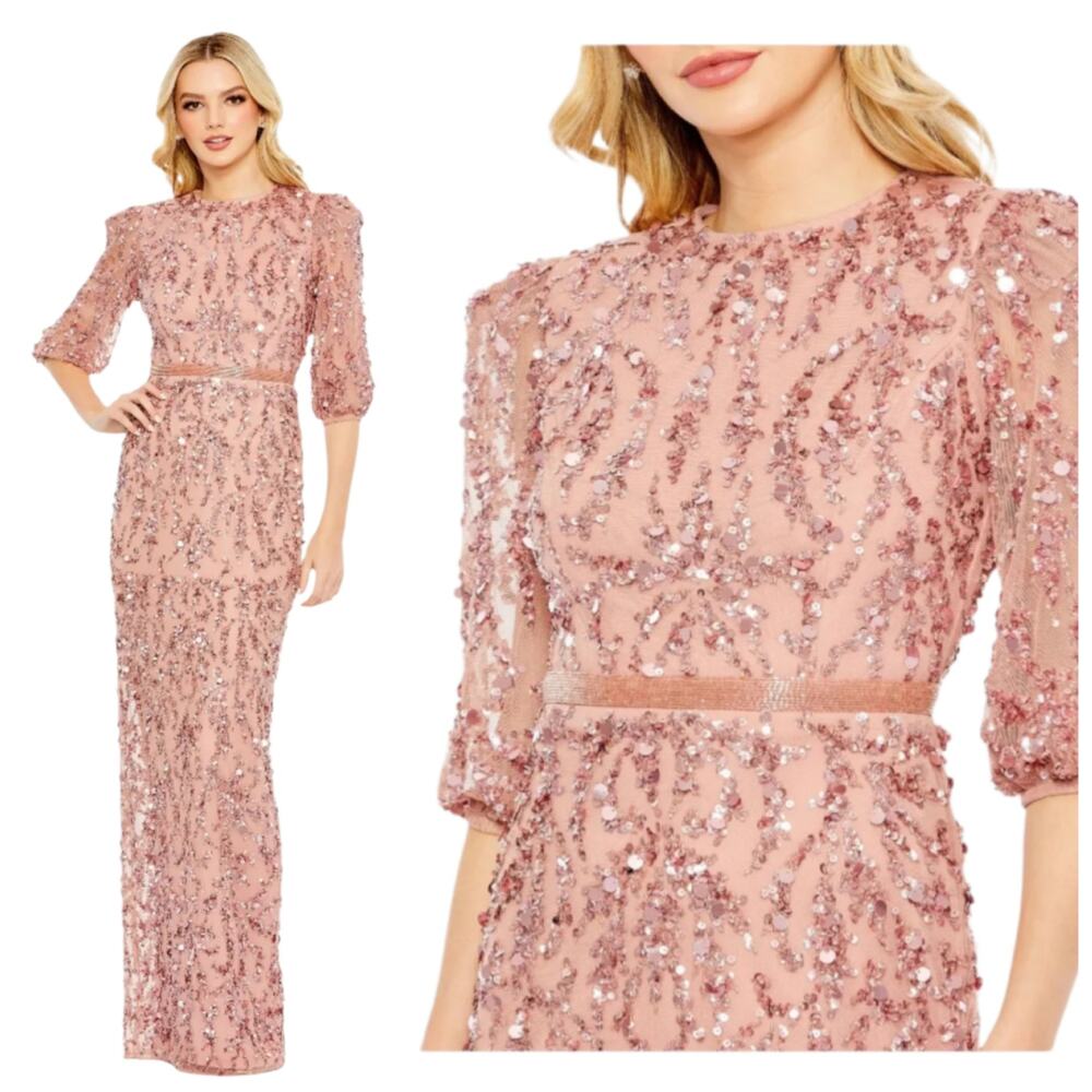 Mac Duggal 93790 Pink Rosewood Beaded Sequin Gown Puff Sleeve Formal Dress 16